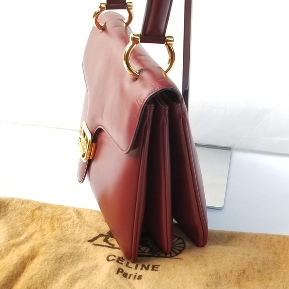 CELINE Vintage Rare Horse Carriage Burgundy Red Leather Top handle Classic Purse - Picture 9 of 16